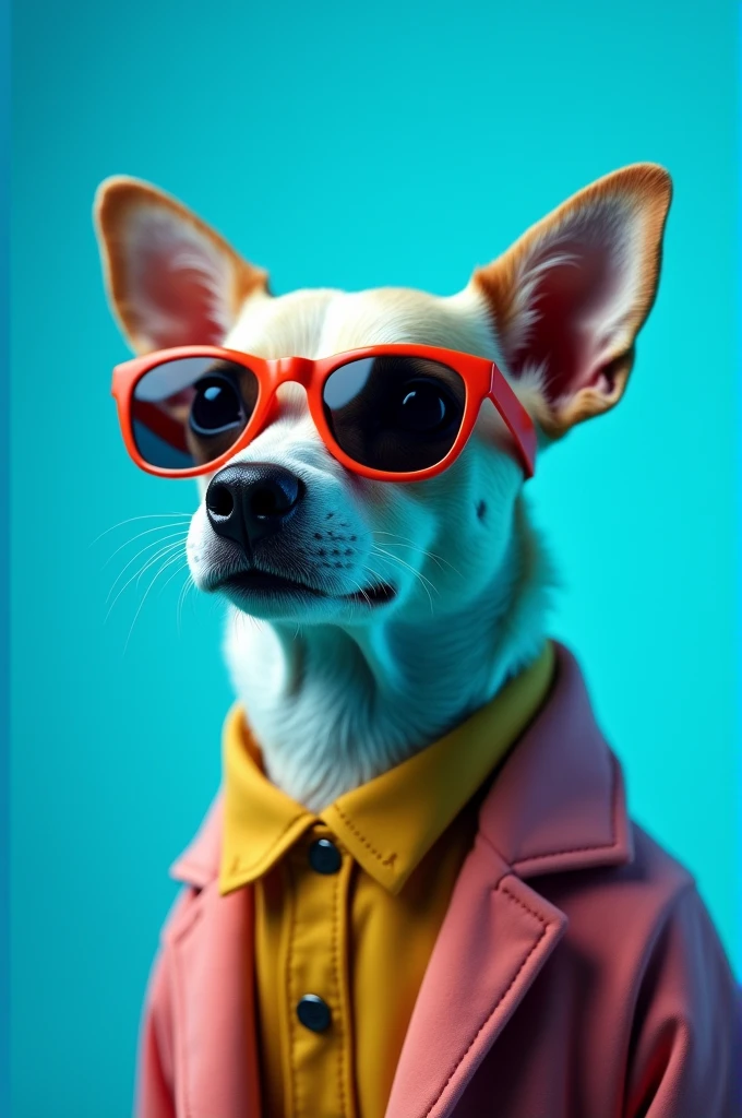 The best cell phone wallpaper, Award-Winning Wallpaper, portrait photography, In the front view is a portrait of a cute dog wearing mid-1960s space age fashion, Side view photo, Shot with Canon EOS R5, Set a strong contrast that accentuates the subject, Fluorescent blue tone, Wearing a very modern coat and sunglasses is a modern 1960s style, Clothes all in one color, beautiful background