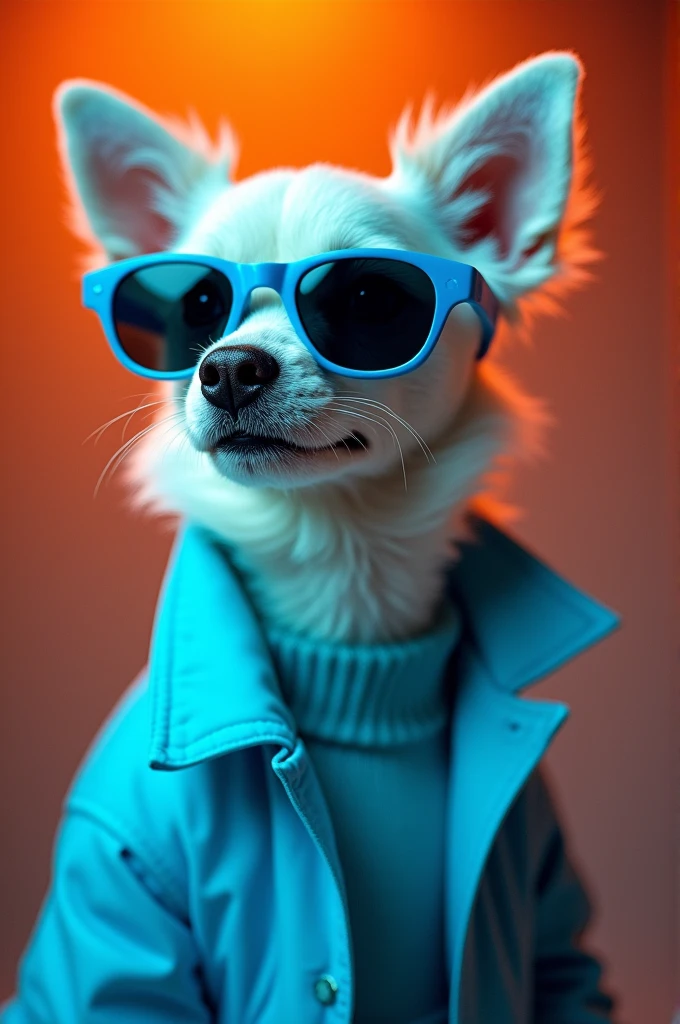 The best cell phone wallpaper, Award-Winning Wallpaper, portrait photography, In the front view is a portrait of a cute dog wearing mid-1960s space age fashion, Side view photo, Shot with Canon EOS R5, Set a strong contrast that accentuates the subject, Fluorescent blue tone, Wearing a very modern coat and sunglasses is a modern 1960s style, Clothes all in one color, beautiful background