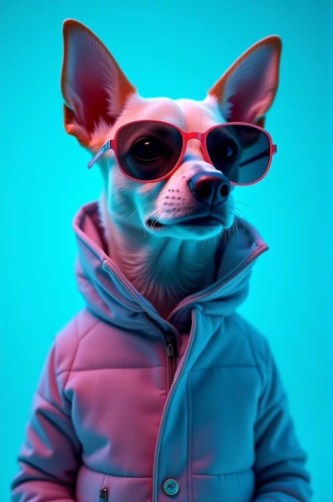 The best cell phone wallpaper, Award-Winning Wallpaper, portrait photography, In the front view is a portrait of a cute dog wearing mid-1960s space age fashion, Side view photo, Shot with Canon EOS R5, Set a strong contrast that accentuates the subject, Fluorescent blue tone, Wearing a very modern coat and sunglasses is a modern 1960s style, Clothes all in one color, beautiful background