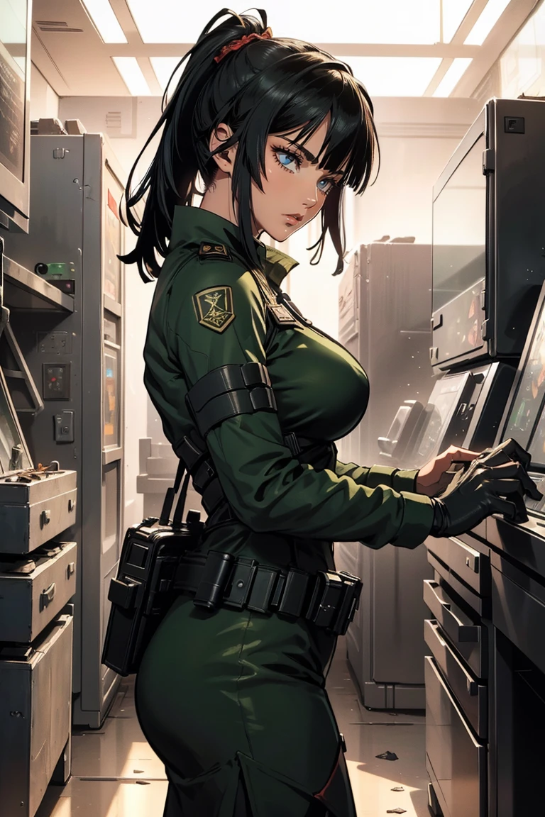Tough young white woman in long tattered futuristic military gear holding a gun, with a touch of blood and showing his skills as a science fiction soldier. She also has a long, thick red ponytail and green eyes.., easy trigger, muscular, athletic, , (1woman), (sequence of images of something or someone in motion), Best Quality, (masterpiece), (methurlante), (comic), y2k animation, intricate detail, seeds, (Futuristic),