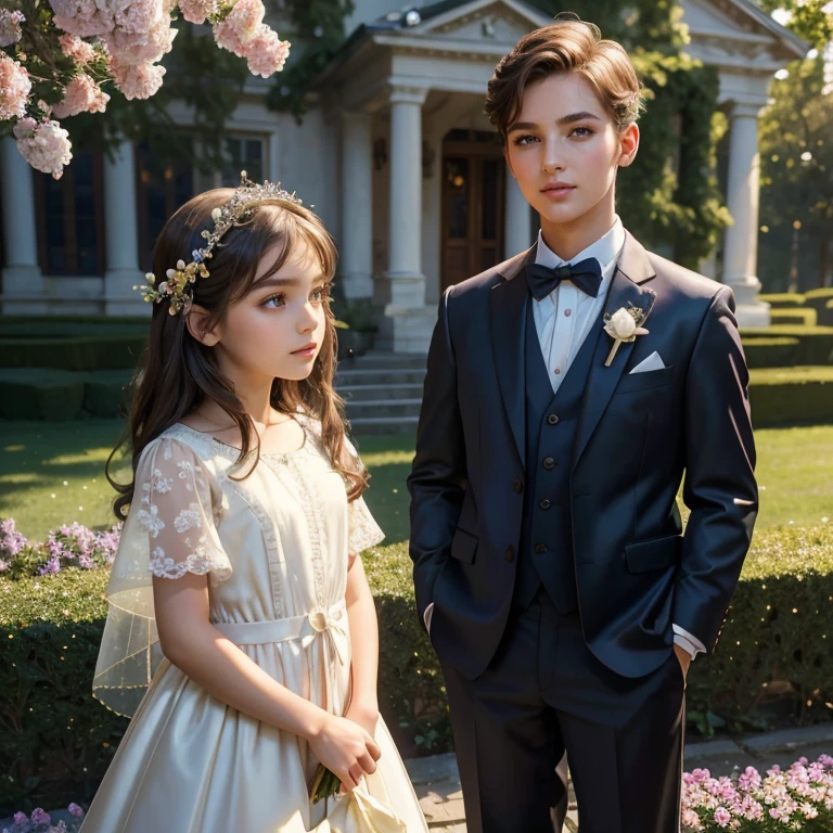 Two children posing for a photo, seriously, in formal clothes a boy and a girl, brown hair, dark brown eyes, and a height of 1.50 meters.