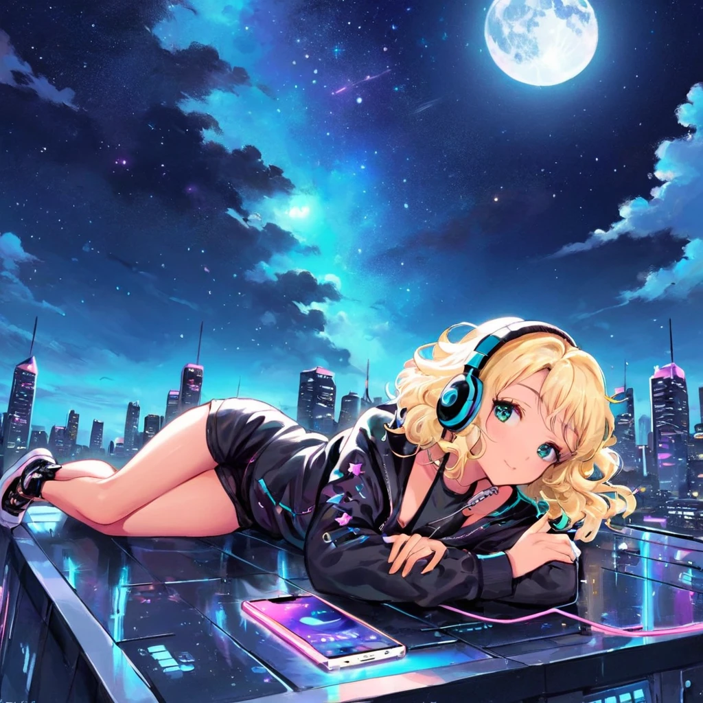 a beautiful 20 year old blonde woman with big messy hair laying down on a cloud in the sky floating over a cityscape at night, wearing headphones, looking down at the city, twinkling stars and glowing moon, fantasy art style, full body, rossdraws cartoon vibrant, cyberpunk, cute detailed digital art, colorfull digital fantasy art, digital fantasy art ), glossy digital painting, rossdraws pastel vibrant, rossdraws 2. 5, rossdraws 1. 0