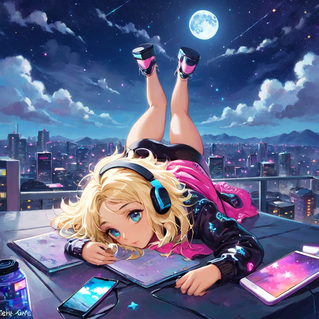 a beautiful 20 year old blonde woman with big messy hair laying down on a cloud in the sky floating over a cityscape at night, wearing headphones, looking down at the city, twinkling stars and glowing moon, fantasy art style, full body, rossdraws cartoon vibrant, cyberpunk, cute detailed digital art, colorfull digital fantasy art, digital fantasy art ), glossy digital painting, rossdraws pastel vibrant, rossdraws 2. 5, rossdraws 1. 0