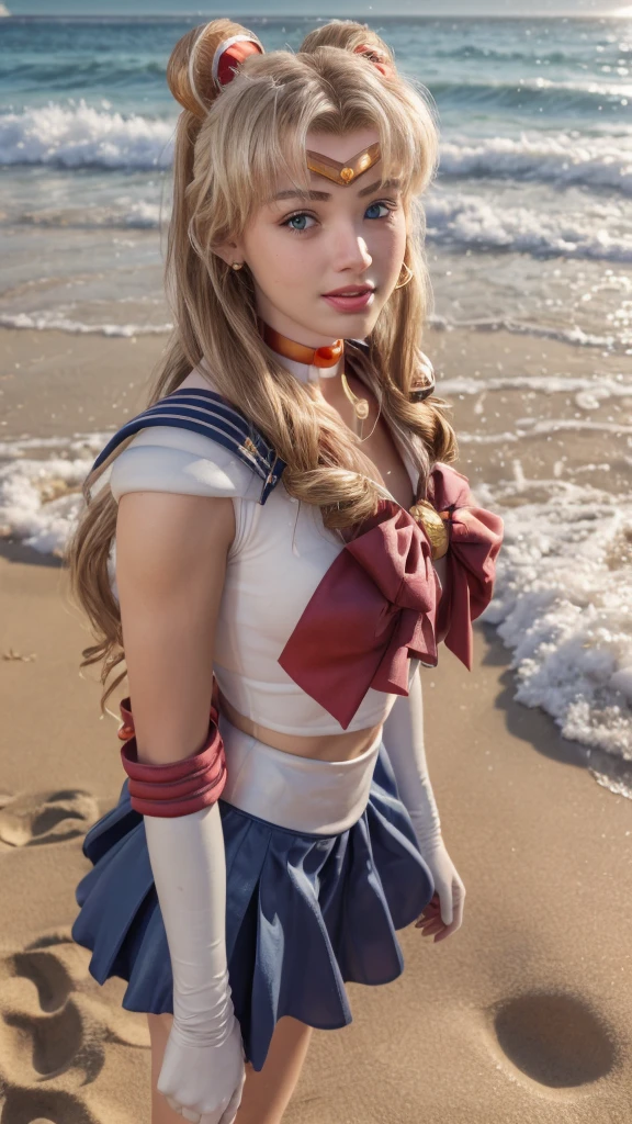 (a realistic life-like picture of Sailor Moon:1.3), (masterpiece:1.4), (best quality:1.4), (photorealistic:1.4), (highly detailed), realistic, ultra-detailed, 8K, (sharp image:1.4), (perfect focus), (red ornaments in hair:1.25), (red ribbon on chest), (beautiful lips), (smiling), (shoulders pulled back, pushing out breasts:1.4), (feminine body posture:1.2), (pretty face:1.1), (feminine face), (make-up:1.2), perfect facial features, (white skin:1.3), (bright sunny day), (strong sunshine), sunlight, clear sky), (blonde hair), (blue skirt:1.4), (looking at the camera), (walking on the beach of a tropical island, tropical lagoon and smaller tropical islands in the background, white sand, sea, ocean), wearing black pantyhose, sailor moon boots , full body