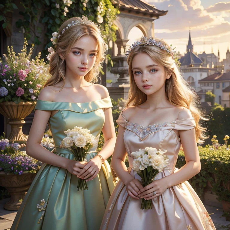 (​masterpiece, best quality:1.5), highest quality, High resolution, super detailed, Realists, Upper body photo of a blonde young flower girl, detailed and beautiful eyes, beautiful detailed lips, very detailed eyes and face, longeyelashes, Young girl in short flower girl dress made of shiny satin fabric, Beautiful and colorful makeup, elegant and noble々Pose,shiny satin headband, grind, Holding flowers, Gardens as background, soft daylight, bright colors, fine brushstrokes, Portrait style, Noble details in the dress fabric, beautiful color palette, glowing skin, First-class rendering, that captures every detail, enchanting atmosphere, subtle shadows and lights, (perfect anatomy:1.2), (The two stunning flower girls scatter rose petals. (magnificent panorama view:1.2)