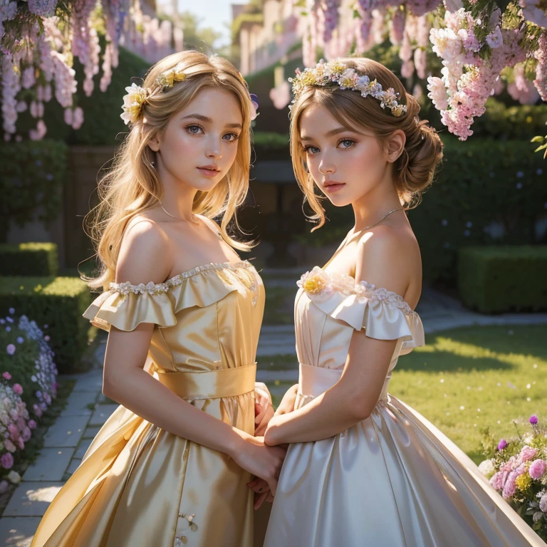 (masterpiece, best quality:1.5), highest quality, High resolution, super detailed, Realists, Upper body photo of a blonde young flower girl, detailed and beautiful eyes, beautiful detailed lips, very detailed eyes and face, longeyelashes, Young girl in short flower girl dress made of shiny satin fabric, Beautiful and colorful makeup, elegant and noble々Pose,shiny satin headband, grind, Holding flowers, Gardens as background, soft daylight, bright colors, fine brushstrokes, Portrait style, Noble details in the dress fabric, beautiful color palette, glowing skin, First-class rendering, that captures every detail, enchanting atmosphere, subtle shadows and lights, (perfect anatomy:1.2), (The two stunning flower girls scatter rose petals. (magnificent panorama view:1.2)