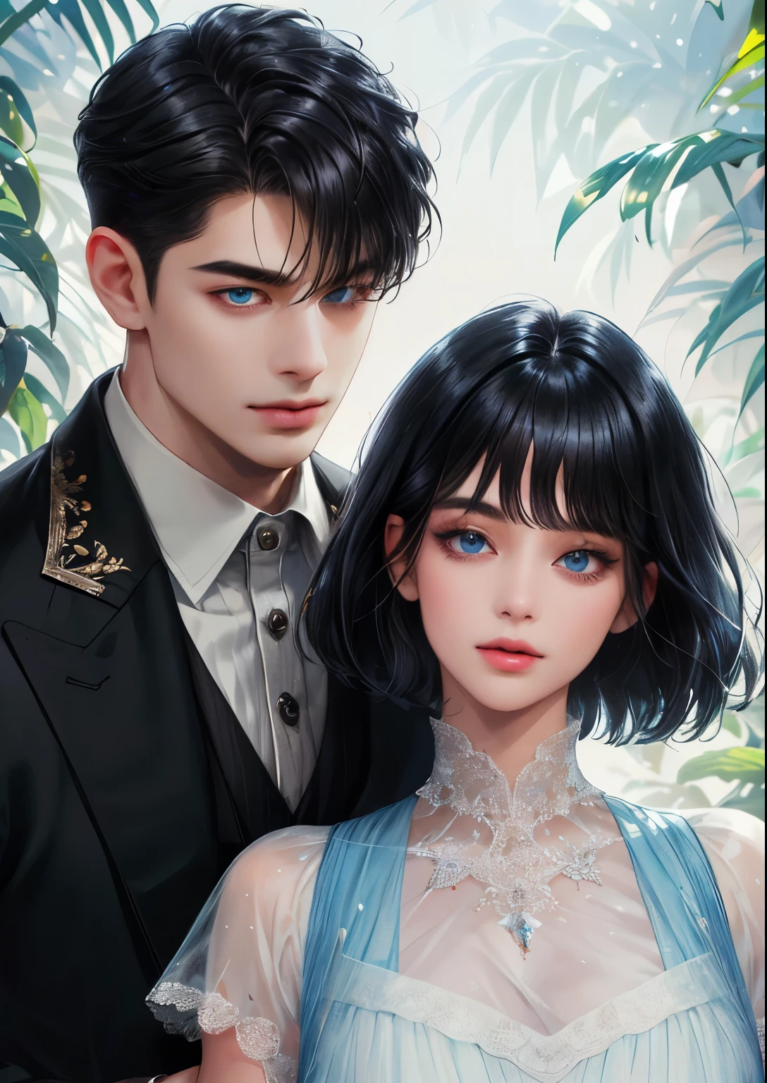 (absurdly , high quality , masterpiece , ultra detailed), ( detailed to hand ) (detailed to eyes) (detailed to face) , couples, 1 man (short black Quiff hair with Soft Fringe, bangs part on side 3:7 ratio) and 1 woman (short black hair with fringe) love ,pretty eyes (blue eyes) , black hair, fantasy, detailed background, soft light
