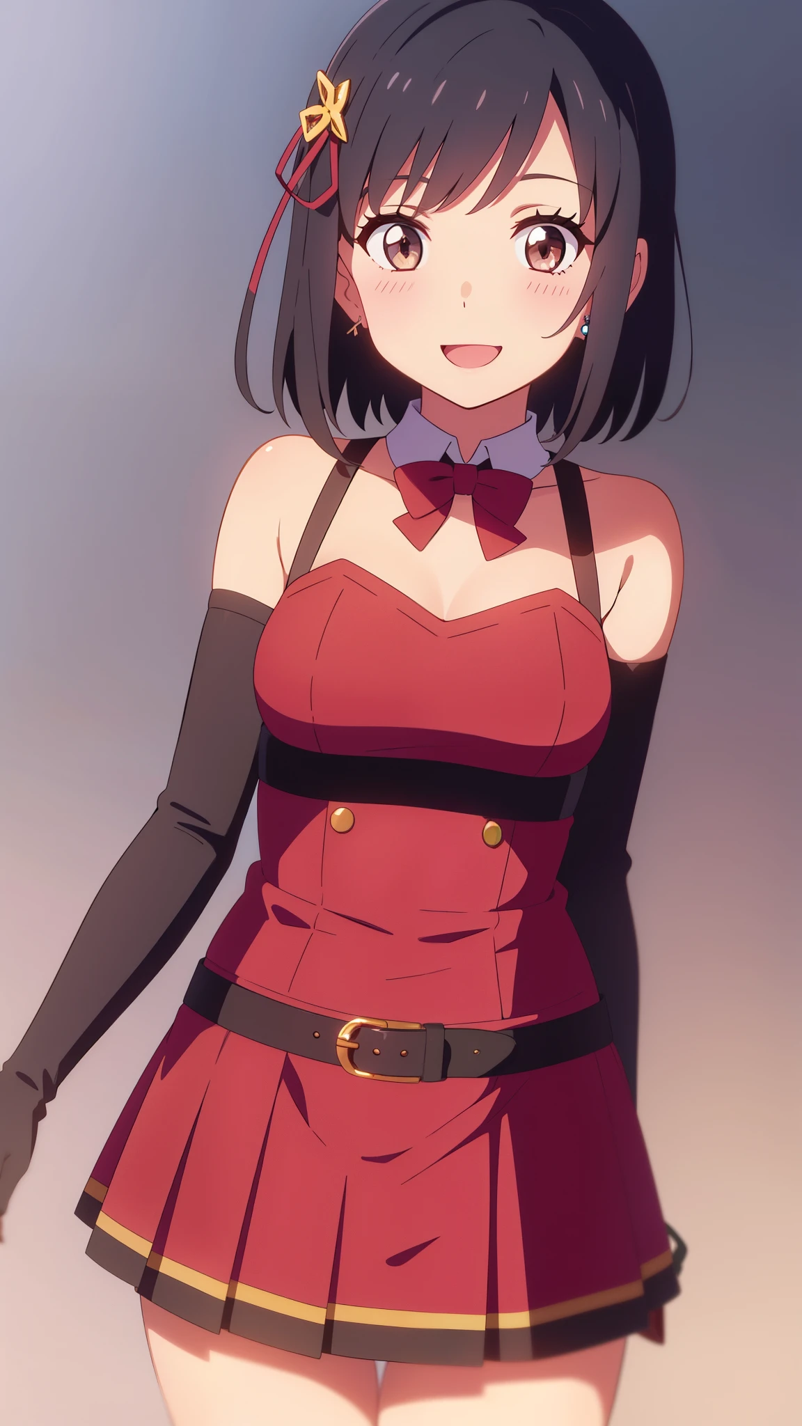 shinkai makoto, kimi no na wa., 1girl, bangs, black hair, blush, brown eyes, perfect face, looking at the viewer, cute outfits, detached collar, red ribbon, short hair, solo, shinny skin, smile, cute, open mouth, :D, (masterpiece), best quality, honestly, hair ornaments, ring, jewellery, ear rings, white gloves, elbow gloves, multicolored skirt, standing, smile, cowboy shot