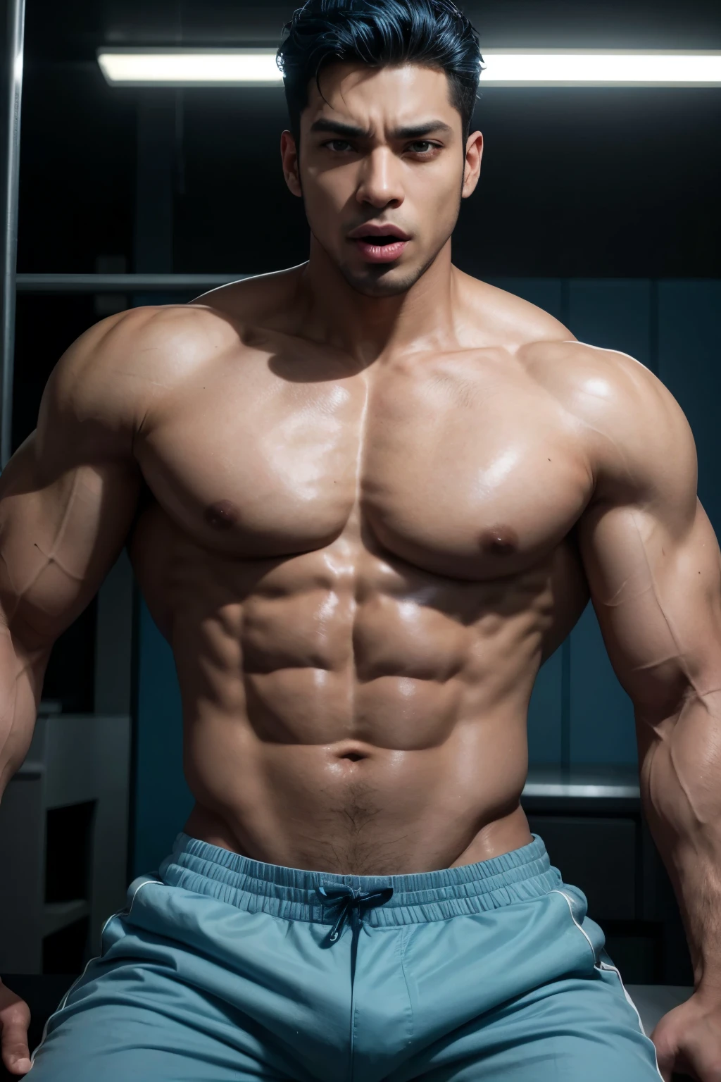 Brown skinned man with a slight belly in jojo pose wearing a light blue shirt and dark blue pants with a jojo stand in the shape of a muscular tongue behind him with an evil face 