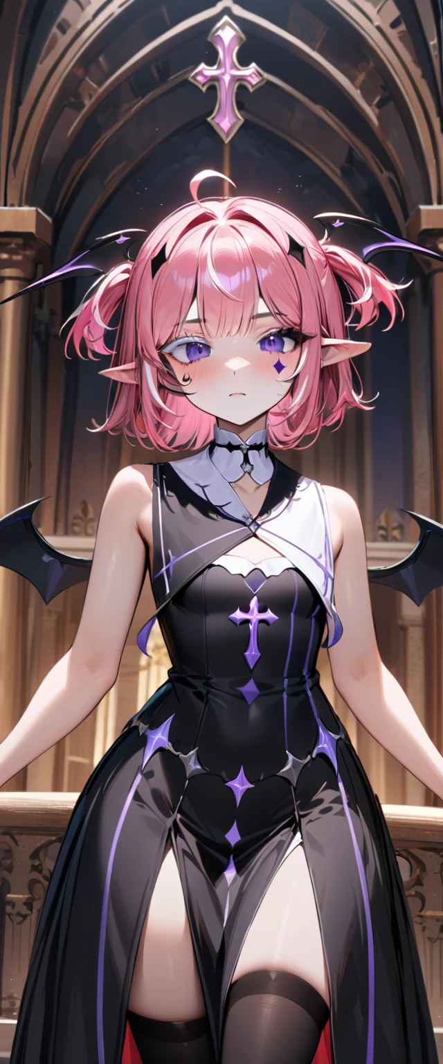 UHD, masterpiece, best quality, extremely detailed, anatomically correct, sharp focus, Midnight, Church , altar isle, 1girl, solo, camilavtuber, pink hair, short hair, shoulder length hair, ((black head wings)), (twin ponytail), purple eyes, facial mark, slim arms, small chest, 1 devil wing on the back, choker with crucifix design, ((long black gown)), black thighhighs, black high heels, full body shot, close up, innocent pose, Eye-Level Shot, front view, innocent pose