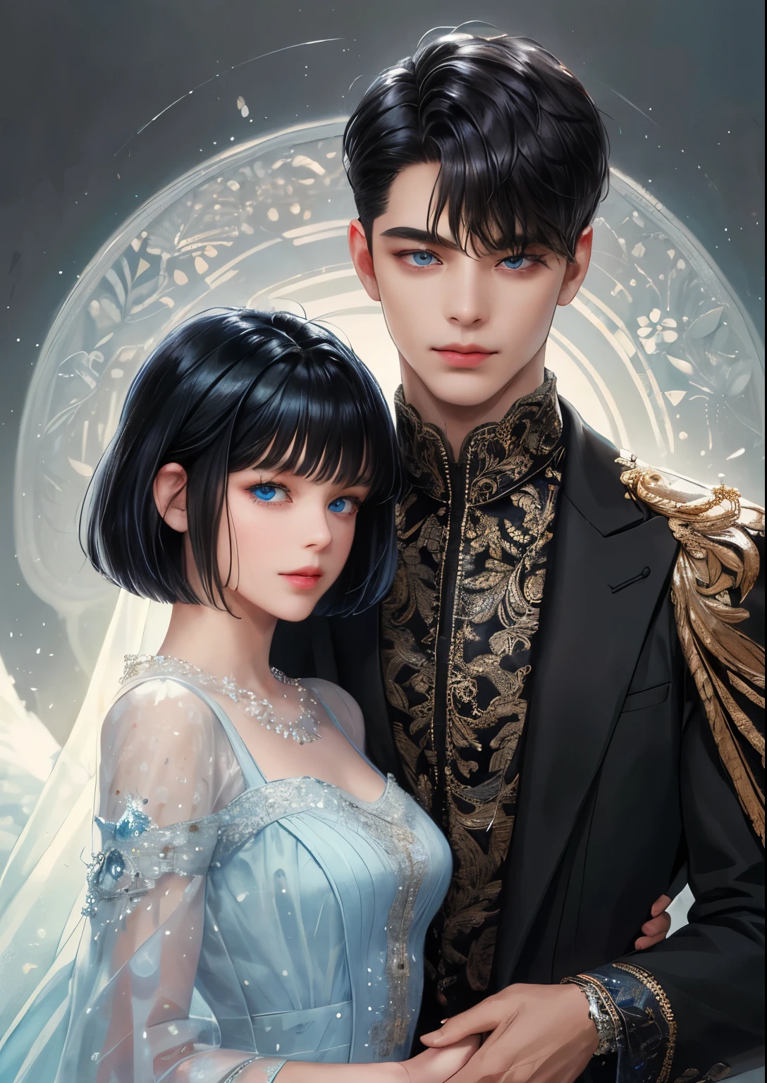 (absurdly , high quality , masterpiece , ultra detailed), ( detailed to hand ) (detailed to eyes) (detailed to face) , couples, 1 man (short black Quiff hair with Soft Fringe, bangs part on side 3:7 ratio) and 1 woman (short black hair with fringe) love ,pretty eyes (blue eyes) , black hair, fantasy, detailed background, soft light