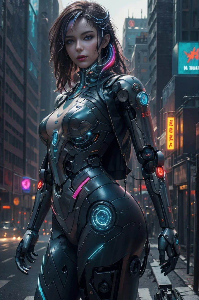 (realistic:1.4) Image of a cyberpunk robot girl, (top quality, 8k, 32K, masterpiece) , (dynamic pose), ((facing the camera)), cowboy shot, sloppy hair, colorful hair, Gorgeous cyberpunk fashion wear, ,Depth of field F/1.8, cyberpunk city background, movie lights.