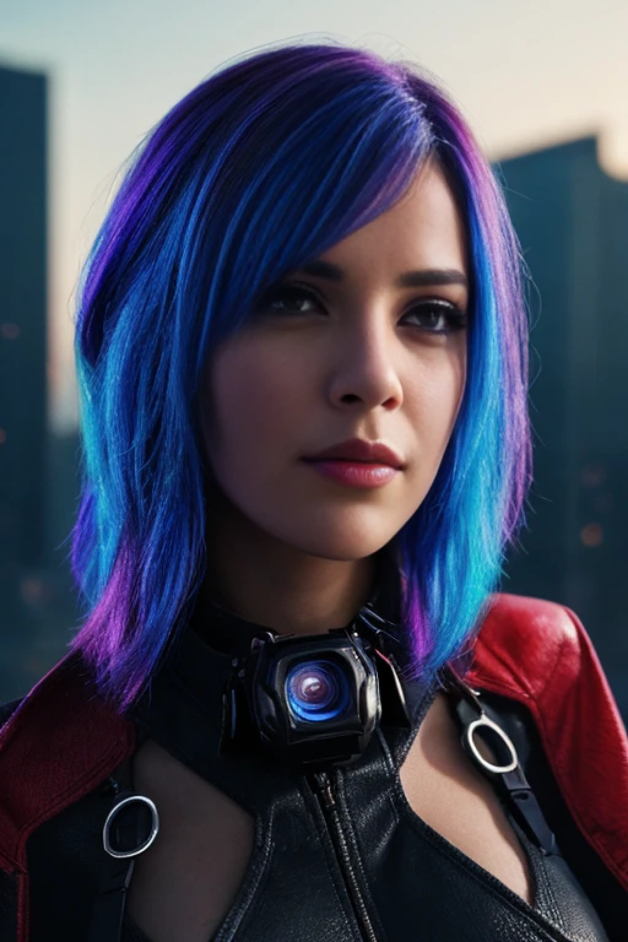 (Photorealistic:1.4) image of a cyber punk girl, (top-quality, 8K, 32K, masterpiece), (dynamic pose), ((facing camera)), (looking at camera), cowboy shot, shapeless hair, colorful hair, colorful cyberpunk clothing, depth of field f/1.8, cyberpunk city background, cinematic lighting.