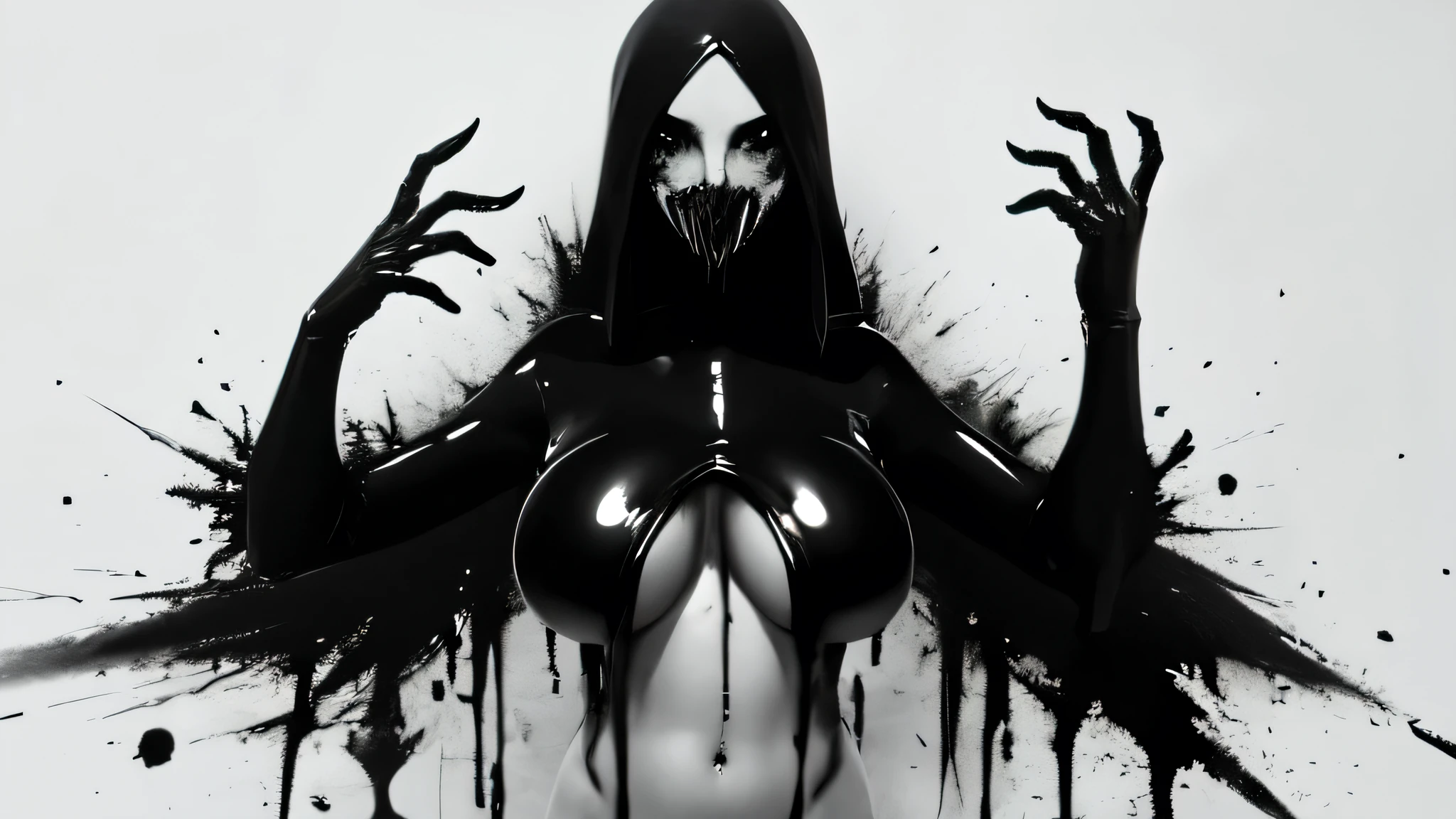 bs, solo, simple background, monochrome, upper body, greyscale, bodysuit, black background, 1other, monster, arms at sides, horror (theme), (((big boobies))), (latex brassiere)