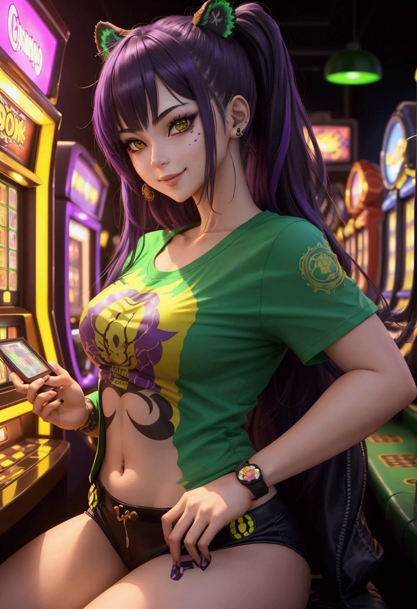 give me a tiger humanoid girl, anime style, she is beautiful, she is wearing a Brazilian t-shirt, a green and yelloshe's gambling in a casino,a lot of slot machines on background. Add some purple shadows to it. Make it look like cyberpunk. MAkke her smile