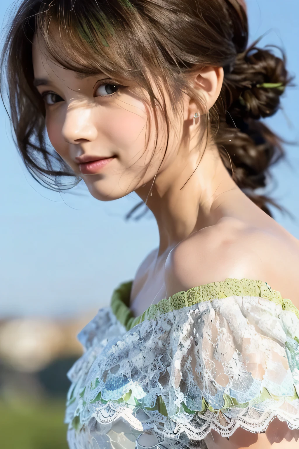 ((Highest quality, 8k, masterpiece: 1.3)), sharp: 1.2, Perfect Body Beauty: 1.6, ((Layered Hairstyles, Small breasts: 1.5)), (blue sky: 2.0), (White and green lace dress: 2.0), (Off-the-shoulder dress: 2.0), ((long hair: 2.0)), ((necklace)), Earrings, ring, Bracelet, Hair Accessories, ((Beautiful young teenager woman)), ((Straight nose)), (Eyeliner), Armpit Hair, Bristles, ((White and beautiful skin)), Wavy Hair, Beautiful attention to detail, Super detailed, Highly detailed face and skin texture, fine grain, double eyelid, Black Hair, Big Ass, Lower Body, Thighs, (((Skinny))), Wet and shiny lips, (smile: 1.0), Touching your own body, ((Anatomically correct human body)), ((Crisp body shape)), Ribs, clavicle, Protruding skeleton, A face without nasolabial folds, Shyness, Thin eyebrows, Big eyes, (Narrow shoulders: 2.0), White skin, (shoot from side: 1.0)