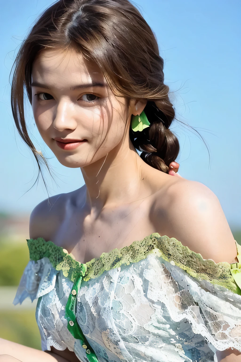 ((Highest quality, 8k, masterpiece: 1.3)), sharp: 1.2, Perfect Body Beauty: 1.6, ((Layered Hairstyles, Small breasts: 1.5)), (blue sky: 2.0), (White and green lace dress: 2.0), (Off-the-shoulder dress: 2.0), ((long hair: 2.0)), ((necklace)), Earrings, ring, Bracelet, Hair Accessories, ((Beautiful young teenager woman)), ((Straight nose)), (Eyeliner), Armpit Hair, Bristles, ((White and beautiful skin)), Wavy Hair, Beautiful attention to detail, Super detailed, Highly detailed face and skin texture, fine grain, double eyelid, Black Hair, Big Ass, Lower Body, Thighs, (((Skinny))), Wet and shiny lips, (smile: 1.0), Touching your own body, ((Anatomically correct human body)), ((Crisp body shape)), Ribs, clavicle, Protruding skeleton, A face without nasolabial folds, Shyness, Thin eyebrows, Big eyes, (Narrow shoulders: 2.0), White skin, (shoot from side: 1.0)