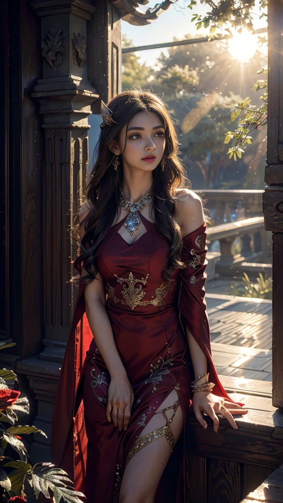 4K, UHD, Masterpiece, 1 girl, good face, detailed eyes, ((very long hair)), bridal hairstyle, butterfly on hair, ornaments, crystal ornaments, jwellery, block print dress, ((red dress)), very detailed dress, strap dress, flowing cape, mesh stocking, cinematic unreal scenery, legendary scenery, rainy weather, wet ground, depth of field, ray tracing, bloom, god rays, lens flare, sun flare, cinematic pose,