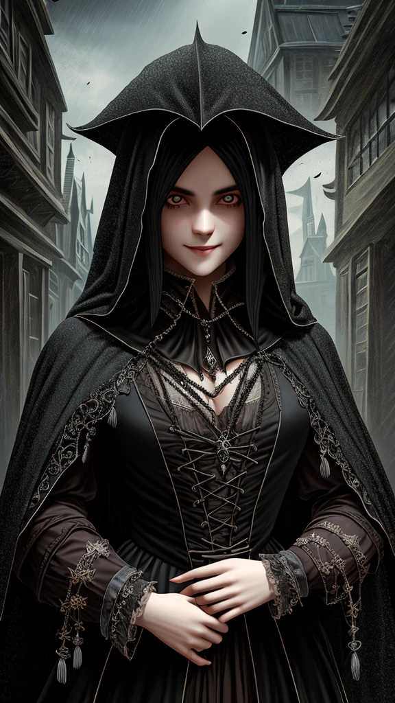 Gothic, vampires, black cloaks, 18th century London, black hair, young face, smile, famous character, high detail of objects, gloomy environment, horror style, good detail of body and hands, full height, high detail 2k