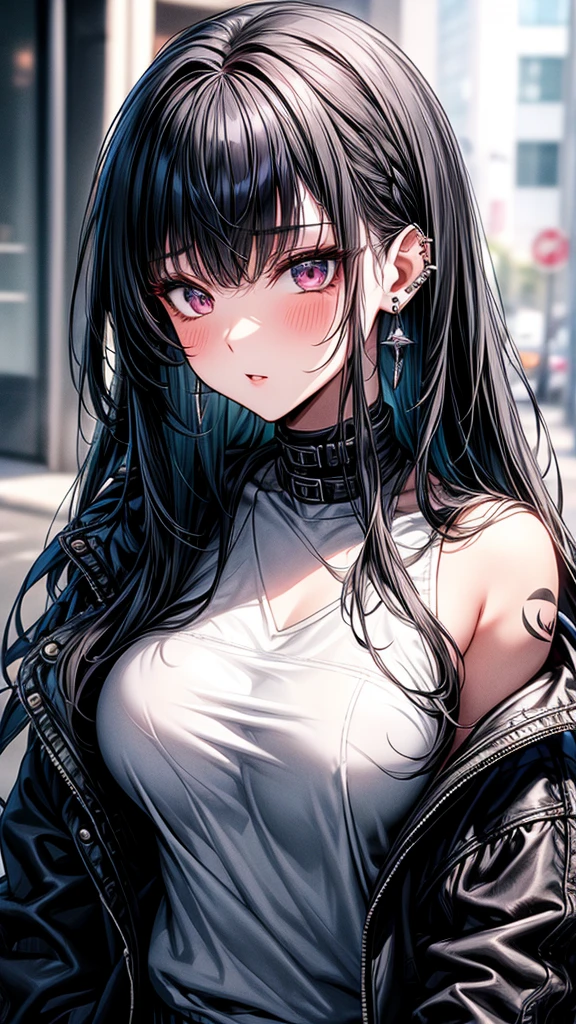 high resolution, Masterpiece, best quality, Highly detailed, โมเดลhigh resolution, high resolutionสุด, Anatomically correct, precise, 1 girl, looking at the audience, black hair, I dyed my hair inside., I have very long hair., shill, Hair highlights, Uneven hairstyles, big breasts, earring, blushing, purple eyes, Take off your mask., illustration, Anime style, masterpiece, best quality, PIXIV, cool girl, lots of piercings, earring,messy hair,bangs, Messy bangs, gray eyes, pale skin, gal, gyaru, black tattoos,long messy hair, tomboy, street wears , jacket , masking