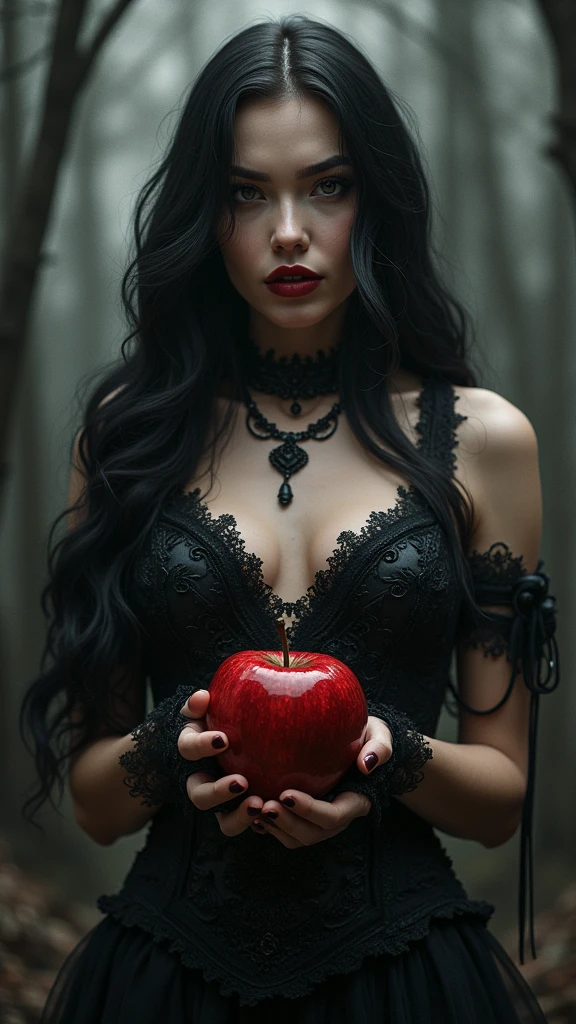 Girl,Black long hair，Black Queen，accessories，Apple in hand，Poison apples，Witch Queen，Red lipstick