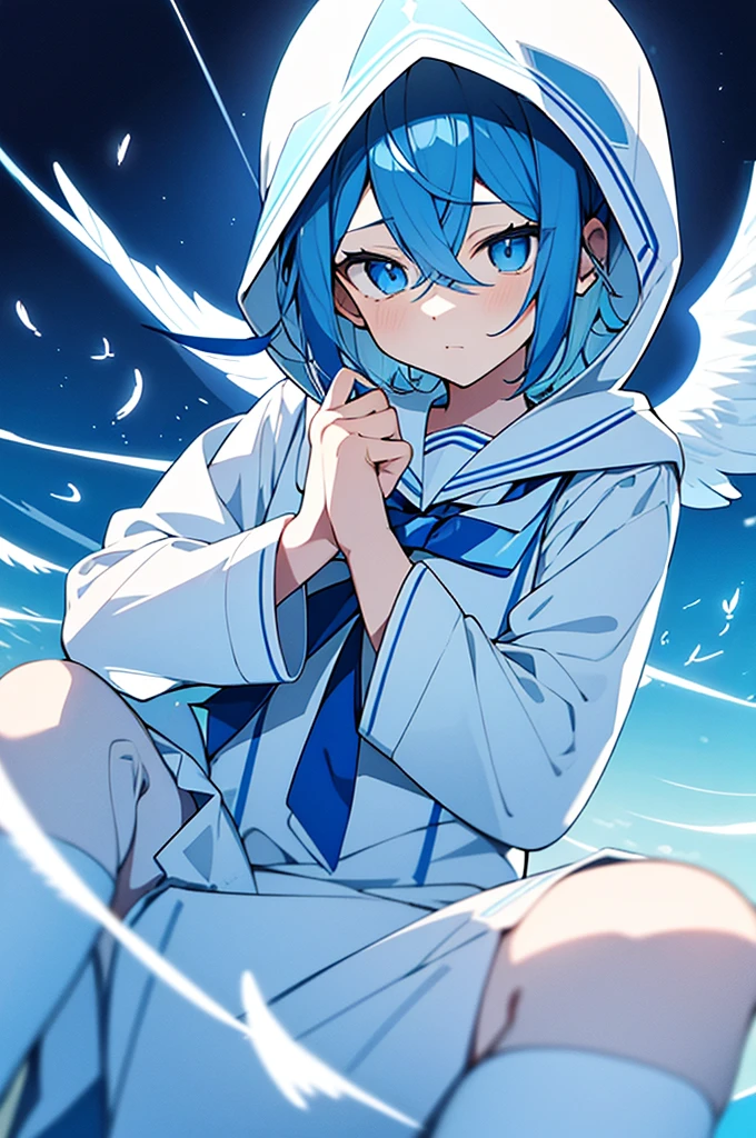 Angel in blue image、Around junior high school age、
He has boyish hair and his hair is white.、I want a sailor suit drawn like this, of a girl who values white and light blue, with an angel halo on it.、A cute girl wearing a hood with white feathers