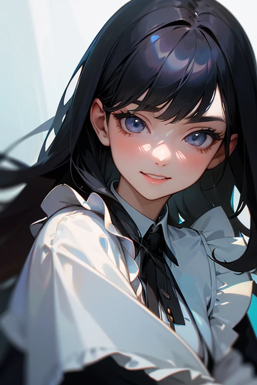 (Highest Resolution, clear_image) Highest quality, single, One woman, alone, masterpiece, Very detailed, Semi-realistic, Black Hairのショートヘア, Black Hair, bangs, 18-year-old, mature, Light blue , Indoor Background, kind, Authoritative, Powerful, exquisite features, exquisite features、Eyelashes become longer、Showing teeth、smile😀、Maid clothes、woman&#39;Fingers in the、Sleeping on the sofa、Long Hair、Fluttering in the wind、((Changing clothes)).