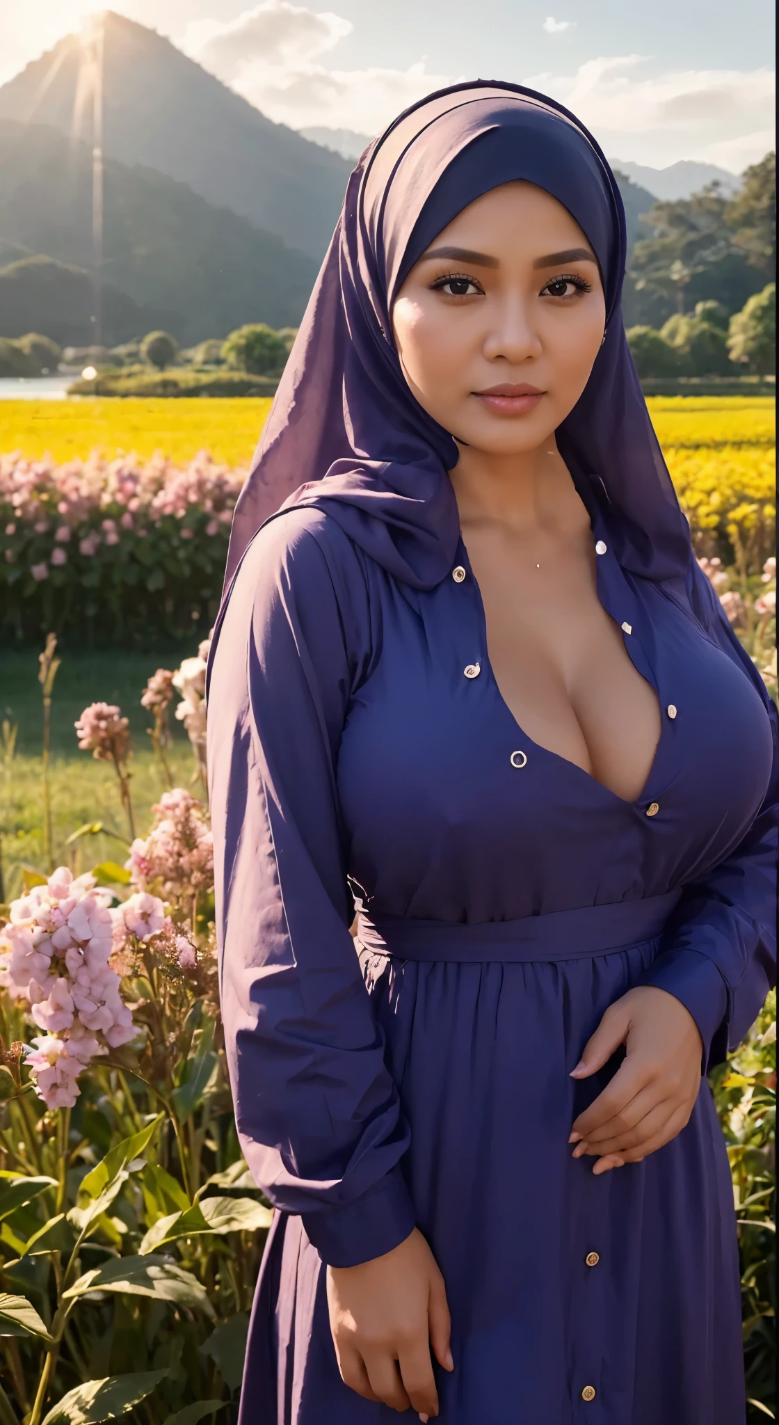 (Best quality, 8k, masterpiece: 1.3), 33 Years old, a hijab Indonesian milf woman with perfect figure: 1.4, dark brown hair, wearing a pendant, wearing an apron, in the kitchen, highly detailed face and skin, detailed eyes, double eyelids, big breasts, standing near kitchen table, full body