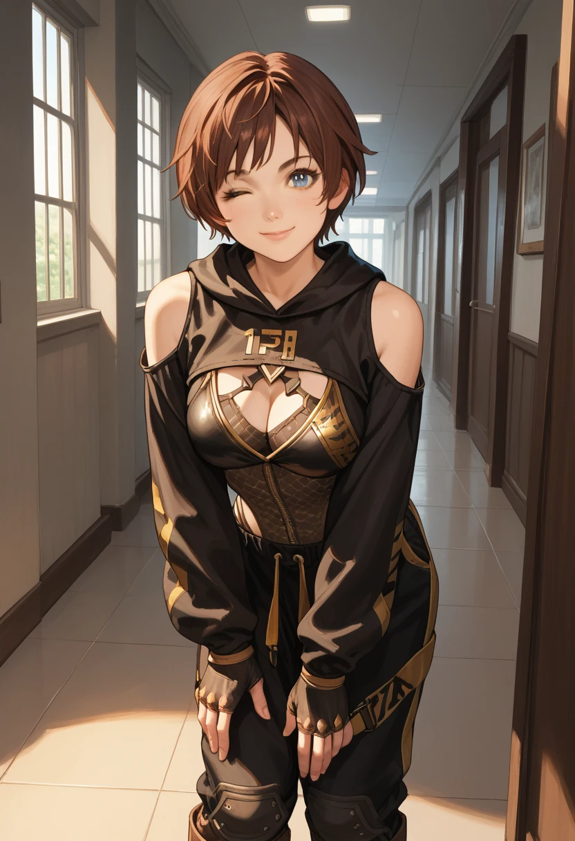 score_9, score_8_up, score_7_up, score_6_up, source_anime, 1girl, solo sblily, brown hair, short hair, blue eyes, leotard, cleavage, hood down, black sleeves, clothing cutout, bare shoulders, long sleeves, black pants, fingerless gloves, brown boots, wink, smile, closed mouth, big breasts, leaning forward, looking at you, happy, hallway,behind view