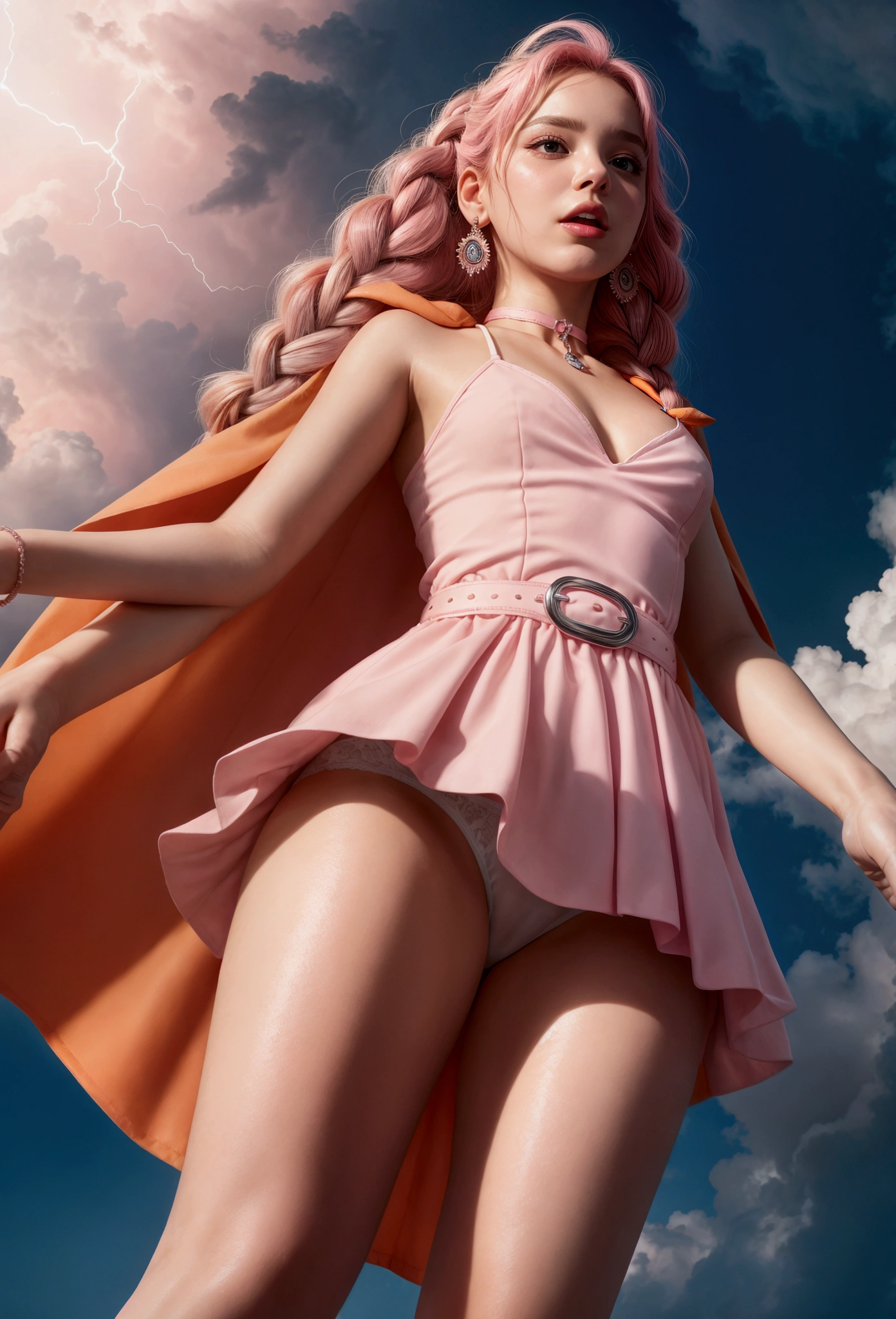 Bianca chanting a spell,(shoot from below),((white panties)),(storm from below),thundercloud,dqBianca,
single braid,((pink dress)), earrings, choker, orange cape, belt