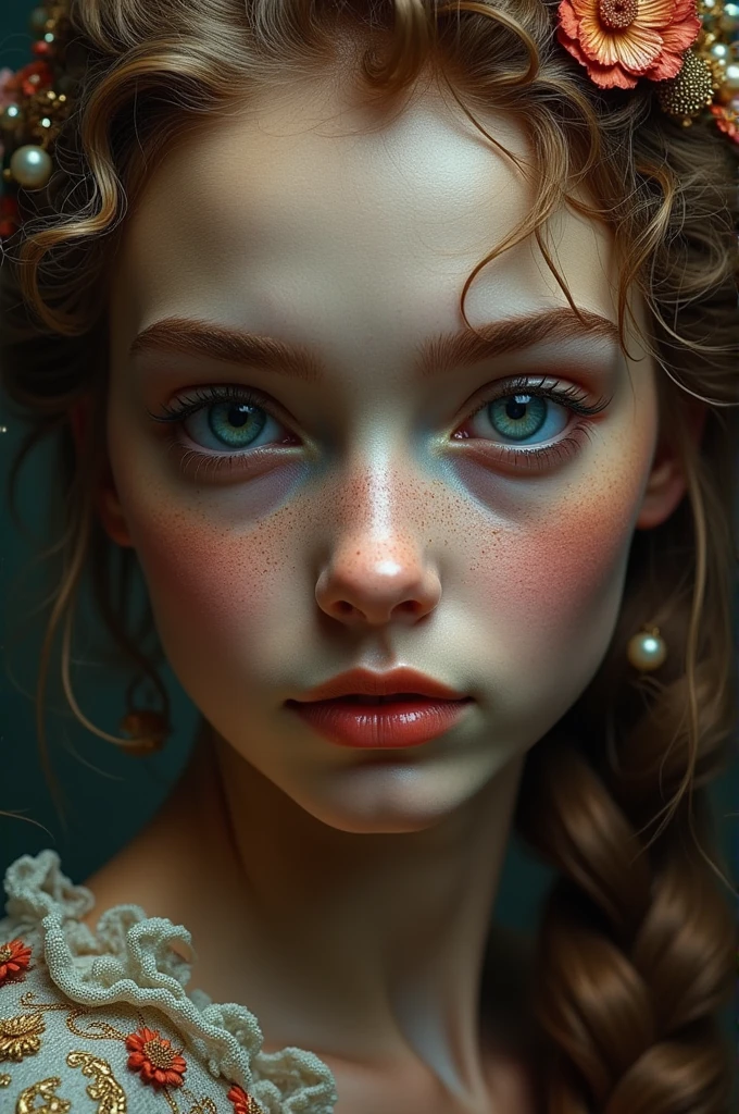 Create a close-up portrait of Alice from 'Alice in Wonderland,' capturing a moment of deep contemplation. Her expression should be one of curiosity mixed with a hint of uncertainty, as if she is pondering profound questions about reality and her place in it. Her large eyes should be wide, reflecting the surreal world around her—perhaps with hints of distorted images like the Cheshire Cat's grin, a clock, or the winding paths of the Wonderland forest. The lighting should be soft yet dramatic, casting gentle shadows that emphasize the depth of her thoughts. Her hair can be slightly tousled, as if she’s been on a long journey, and her iconic headband should be present, perhaps slightly askew, adding to the sense of her being lost in thought. The color palette should be a mix of soft pastels with darker, more introspective tones, creating a balance between innocence and the complexity of her thoughts.