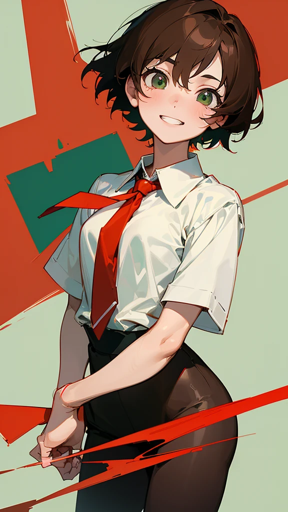 masterpiece, Highest quality, Highest quality, One girl, alone, View your viewers, , Tezuka Rin, (Amputee without an arm:1.2), Brown Hair, collar, collared shirt, (double amputee:1.2), Green Eyes, katawa shoujo, Red tie, shirt, short hair, alone, white shirt, Rozhkin, Grin, Accurate teeth with gaps