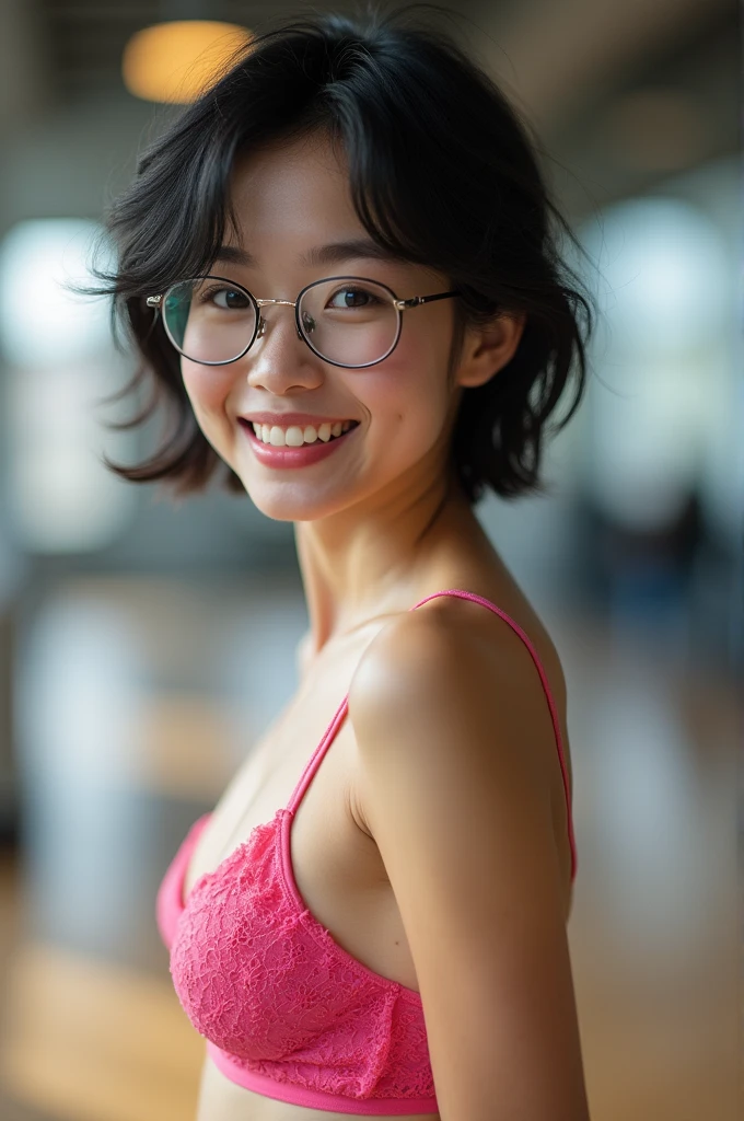 alone, (A very cute 20 year old young woman from Japan), ((delicate hair black)), ((messy side wave short hair)), (((Slender and slender body type))), small breasts, glasses, lace lingerie, vivid pink bra, (((clean hands))),(curly hair),(((very kind smile))), (((I do not have a girlfriend wearing panties))), (((She wears sexy bra))), (( highest quality, 16km race, pieces fly: 1.3)), light shines on your face, super detailed face, highly detailed lips, fine eyes, glasses, standing in a busy well lit gym