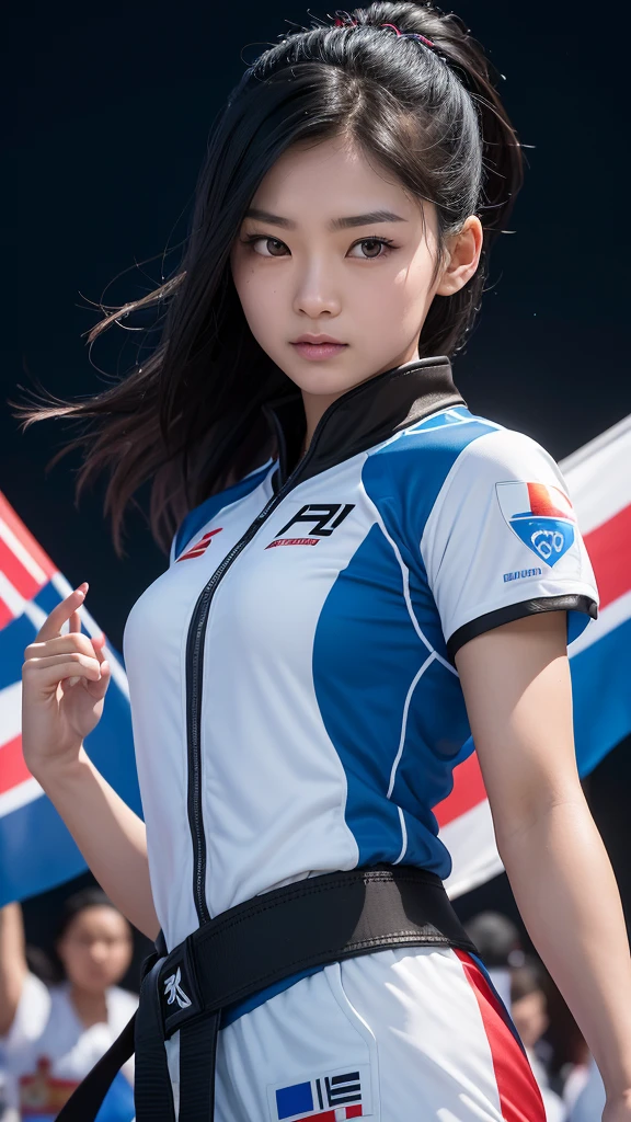 
A 27-year-old Asian female taekwondo athlete with shiny black hair pulled back as she prepares to compete.  Bright eyes, determined expression, wearing blue competition armor. In the background, the national flag of Thailand gracefully waves and embraces the Eiffel Tower on a spectacular night. perfect cute smooth skinned hyper realistic extreme close up studio  lighting advertisement photo epic scenes 8k