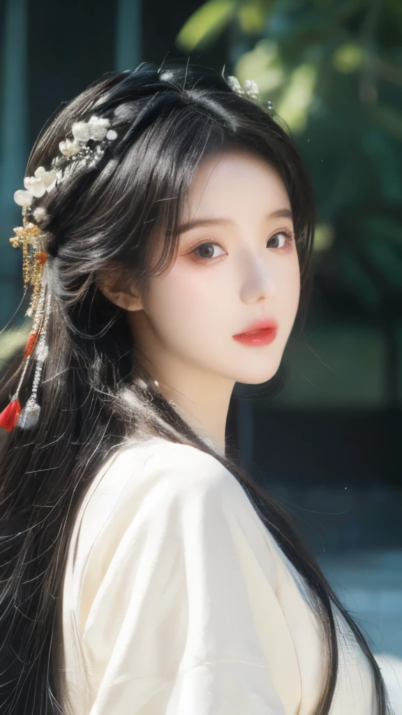 masterpiece, best quality, Official Art, 8k wallpaper, Very detailed, illustration, 1 girl, Long hair, Exquisite eyes, Bare shoulders, Hanfu, lake, pure, Gentle smile,Skin as white as snow,Exquisite facial features,Especially the bright eyes。Her face shape is usually oval,Ancient Chinese beauties,Gorgeous makeup,Green Hanfu