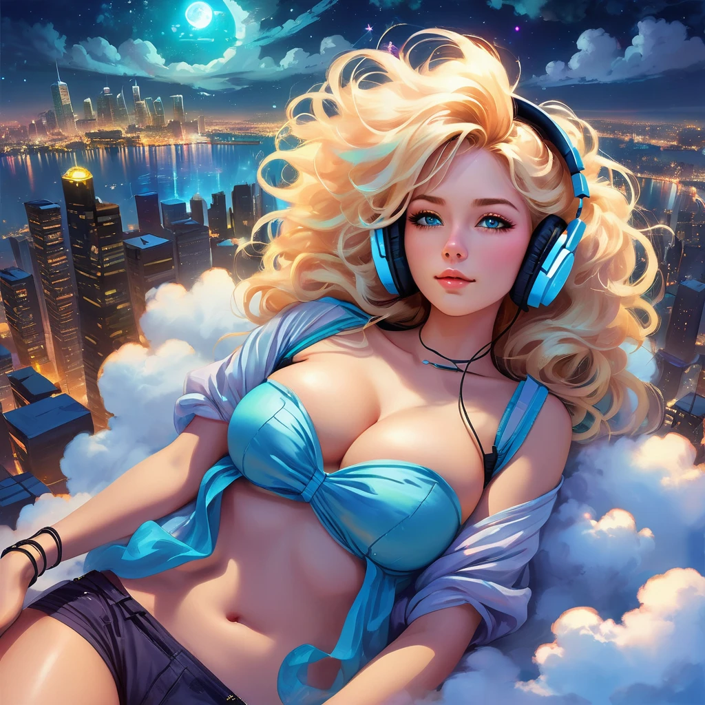 a beautiful 20 year old blonde woman with big messy hair laying down on a cloud in the sky floating over a cityscape at night, wearing headphones, looking down at the city, twinkling stars and glowing moon, fantasy art style, rossdraws cartoon vibrant, cyberpunk, cute detailed digital art, colorfull digital fantasy art, digital fantasy art ), glossy digital painting, rossdraws pastel vibrant, rossdraws 2. 5, rossdraws 1. 0