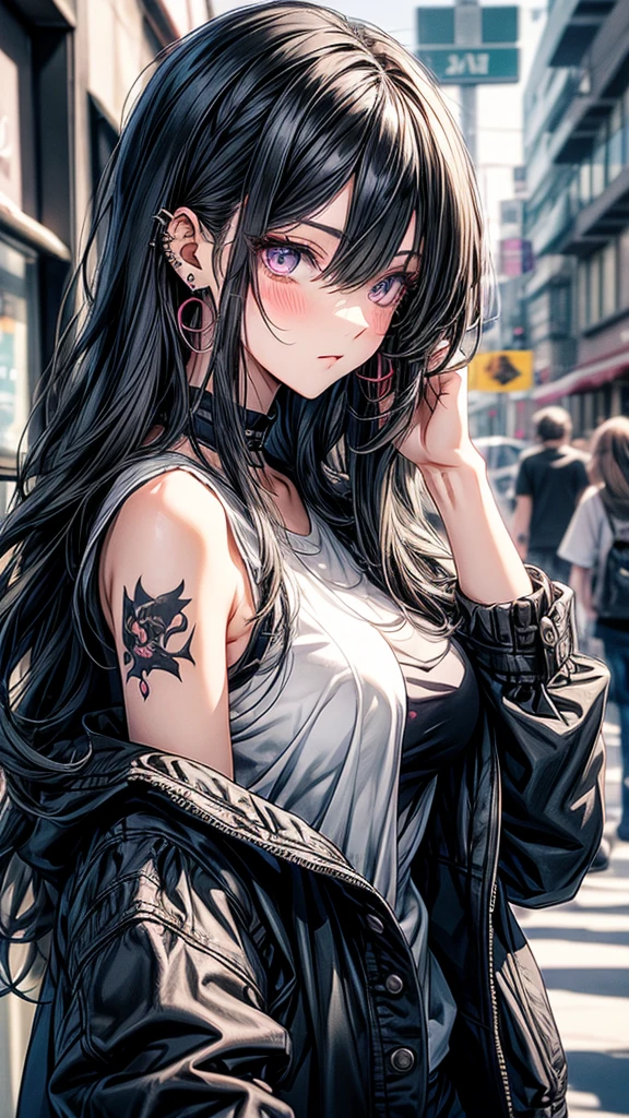 high resolution, Masterpiece, best quality, Highly detailed, โมเดลhigh resolution, high resolutionสุด, Anatomically correct, precise, 1 girl, looking at the audience, black hair, I dyed my hair inside., I have very long hair., shill, Hair highlights, Uneven hairstyles, big breasts, earring, blushing, purple eyes, Take off your mask., illustration, Anime style, masterpiece, best quality, PIXIV, cool girl, lots of piercings, earring,messy hair,bangs, Messy bangs, gray eyes, pale skin, gal, gyaru, black tattoos,long messy hair, tomboy, street wears , jacket , masking