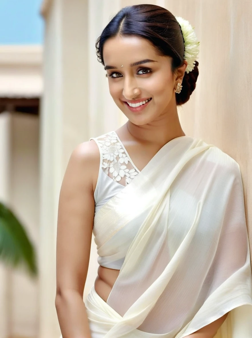 hires close up photo of a woman, Shraddha Kapoor, outdoors, realistic skin texture, smiling, looking looking at camera, bikini blouse and saree , simple white stucco background ,marathi girl