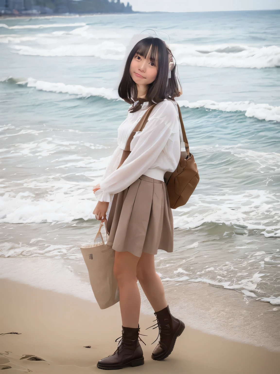 Highest quality,Super detailed,A woman looking at the camera on the beach at Enoshima,Turn slightly to the side and look at me,Ruffled long sleeve blouse,Flared mini skirt,Posing for a photo,She is carrying a cute beige backpack.,Distant scenery is blurry