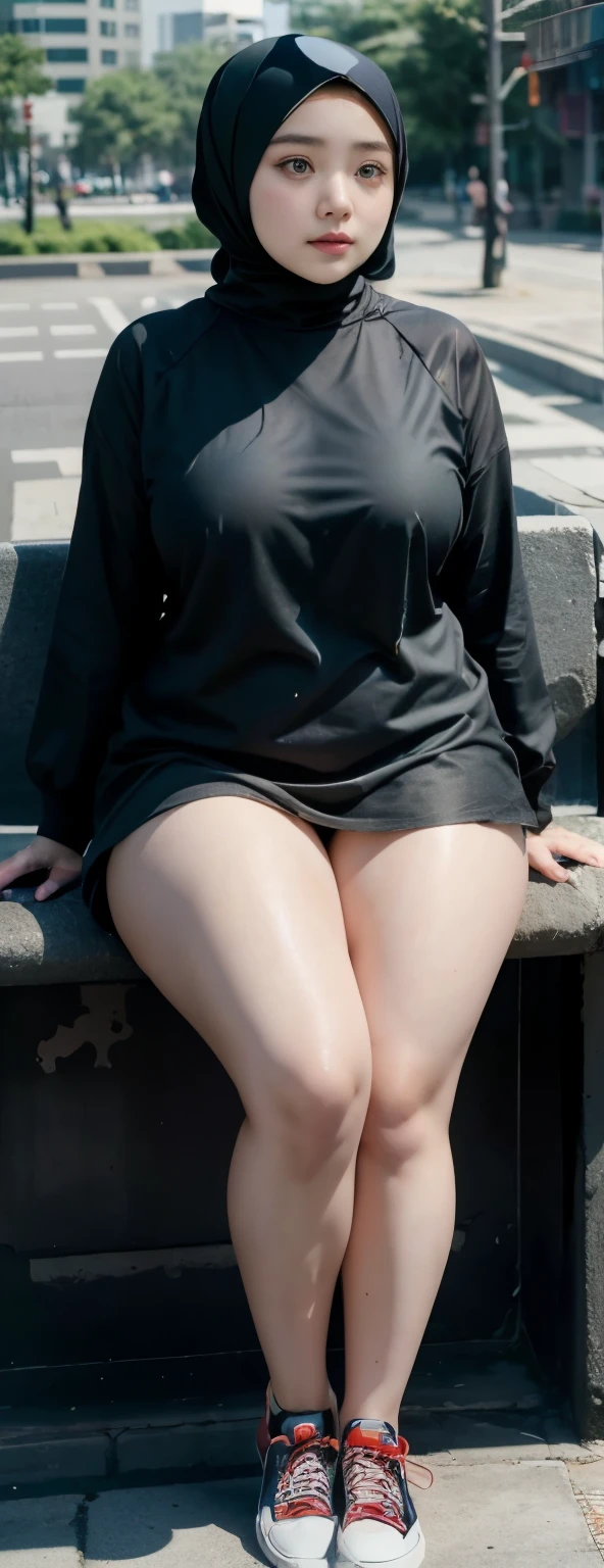 1 chinese-Indonesian girl, modern plain hijab, shy, medium portrait, watery eyes, ((small breasts)), black bokeh background, well-proportioned body,, chubby massive thighs, full body pose, Hena art on the body, hena art on arms, full body view , wearing red sneakers , fat legs,
