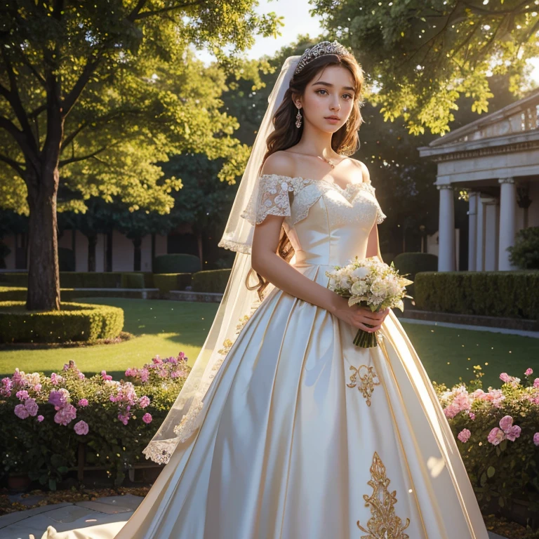 (masterpiece, best quality:1.5), highest quality, High resolution, super detailed, Realists, Upper body photo of a brunette 18-year-old flower girl, detailed and beautiful eyes, beautiful detailed lips, very detailed eyes and face, longeyelashes, 18-year-old girl in short dress made of shiny satin fabric, Beautiful and colorful makeup, elegant and noble々Pose,shiny satin headband, grind, Holding flowers, Gardens as background, soft daylight, bright colors, fine brushstrokes, Portrait style, Noble details in the dress fabric, beautiful color palette, glowing skin, First-class rendering, that captures every detail, enchanting atmosphere, subtle shadows and lights, (perfect anatomy:1.2), (The stunning flower girl stands next to a handsome boy in a suit. Deeply in love. magnificent panorama view:1.2)