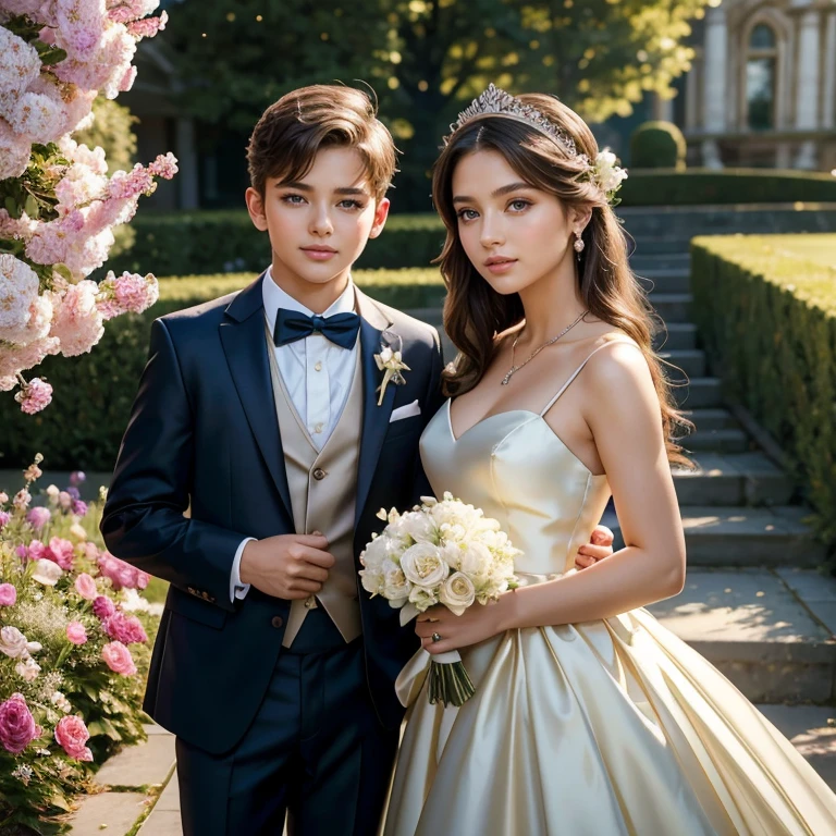 (masterpiece, best quality:1.5), highest quality, High resolution, super detailed, Realists, Upper body photo of a brunette 18-year-old flower girl, detailed and beautiful eyes, beautiful detailed lips, very detailed eyes and face, longeyelashes, 18-year-old girl in short dress made of shiny satin fabric, Beautiful and colorful makeup, elegant and noble々Pose,shiny satin headband, grind, Holding flowers, Gardens as background, soft daylight, bright colors, fine brushstrokes, Portrait style, Noble details in the dress fabric, beautiful color palette, glowing skin, First-class rendering, that captures every detail, enchanting atmosphere, subtle shadows and lights, (perfect anatomy:1.2), (The stunning flower girl stands next to a handsome boy in a suit. Deeply in love. magnificent panorama view:1.2)