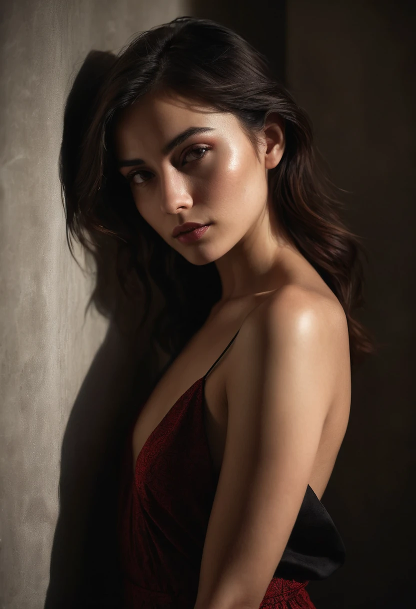 woman bathed in soft light, leaning against a wall, looking into the camera in a moment of raw emotion. Her attire is minimal, accentuating her beauty with the dramatic shadows cast by the lighting. The background is stark, with sharp contrasts highlighting the contours of her form. The red and black palette intensifies the mood, evoking a sense of mystery and allure. Subtle film grain and meticulous shading add depth and texture, emphasizing the emotional gravity of the scene. The lighting creates a chiaroscuro effect, accentuating her expressive pose and the intense atmosphere.
