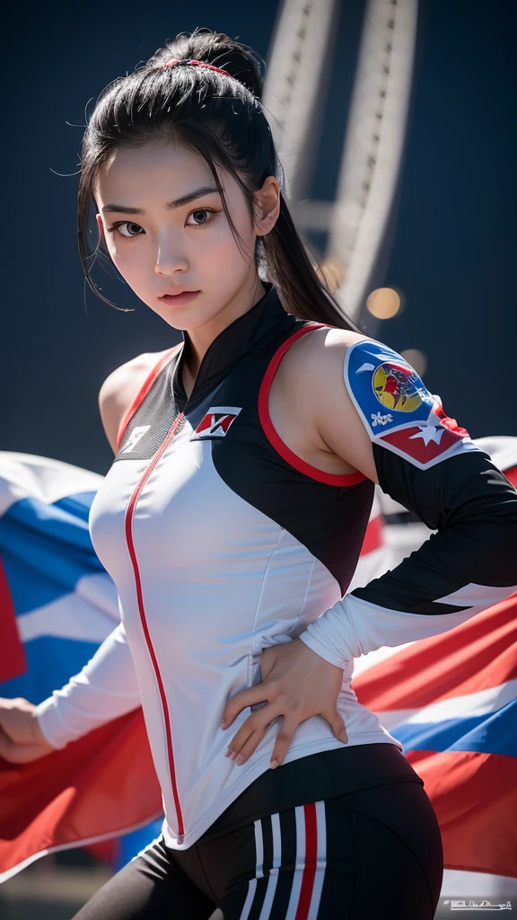 A 27-year-old Asian female taekwondo athlete with shiny black hair pulled back as she prepares to compete. Bright eyes, determined expression, wearing blue competition armor. In the background, the national flag of Thailand gracefully waves and embraces the Eiffel Tower on a spectacular night. perfect cute smooth skinned hyper realistic extreme close up studio lighting advertisement photo epic scenes 8k