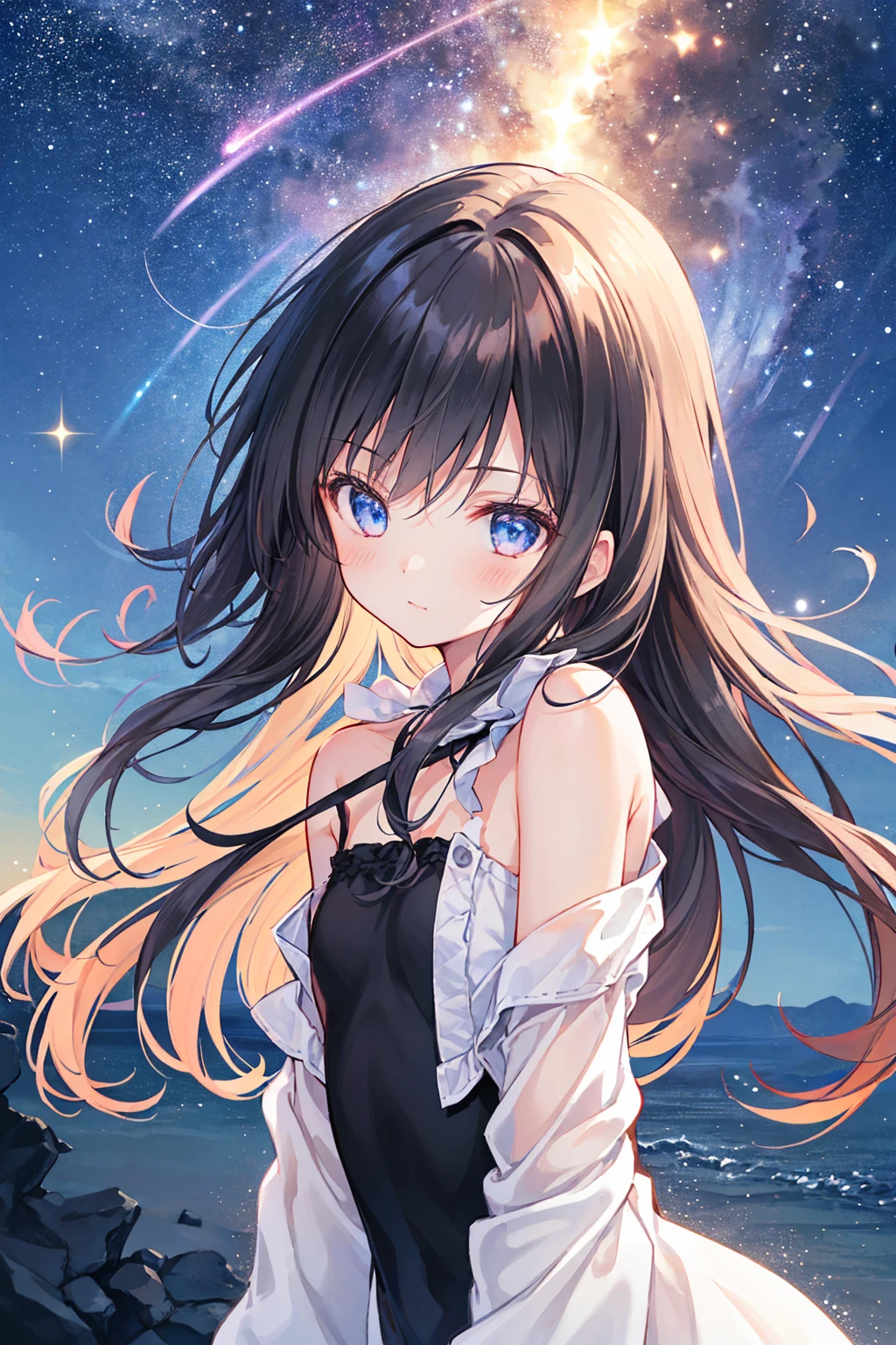 Only one girl, Cute Face, 4K, Long black hair, Small breasts，Flat chest， Night sky with stars and background, Bring it closer to your face，((Highest quality)), (Very detailed), (High-definition CG synthesis 8k wallpaper), 高いly detailed,  高い-definition raw colbor photos, Professional photography,  Written boundary depth,