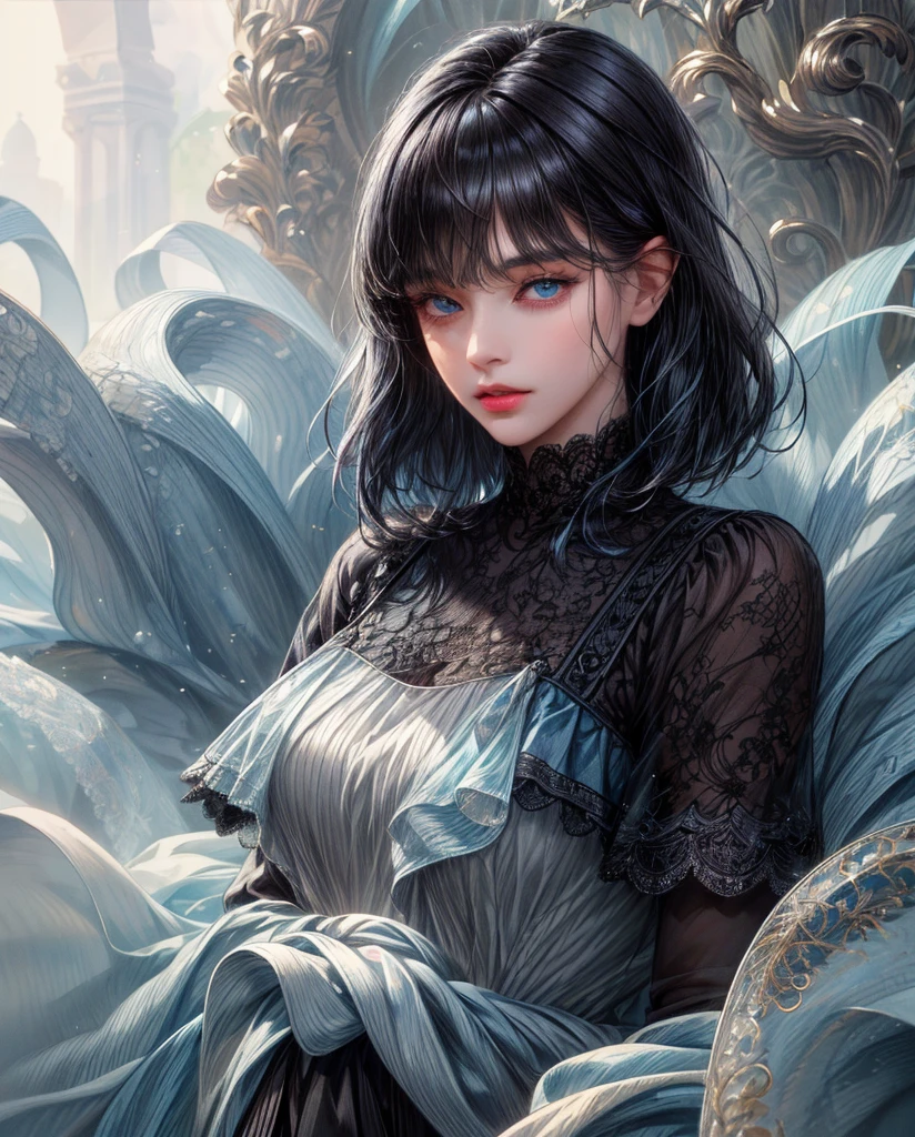 (absurdly , high quality , masterpiece , ultra detailed), ( detailed to hand ) (detailed to eyes) (detailed to face) , couples, 1 man (short black Quiff hair with Soft Fringe, bangs part on side 3:7 ratio) and 1 woman (short black hair with fringe) love ,pretty eyes (blue eyes) , black hair, fantasy, detailed background, soft light