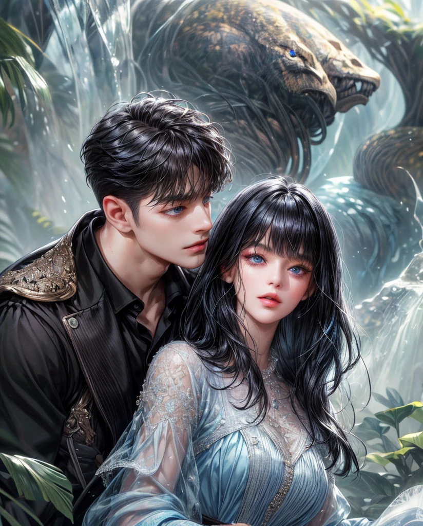 (absurdly , high quality , masterpiece , ultra detailed), ( detailed to hand ) (detailed to eyes) (detailed to face) , couples, 1 man (short black Quiff hair with Soft Fringe, bangs part on side 3:7 ratio) and 1 woman (short black hair with fringe) love ,pretty eyes (blue eyes) , black hair, fantasy, detailed background, soft light