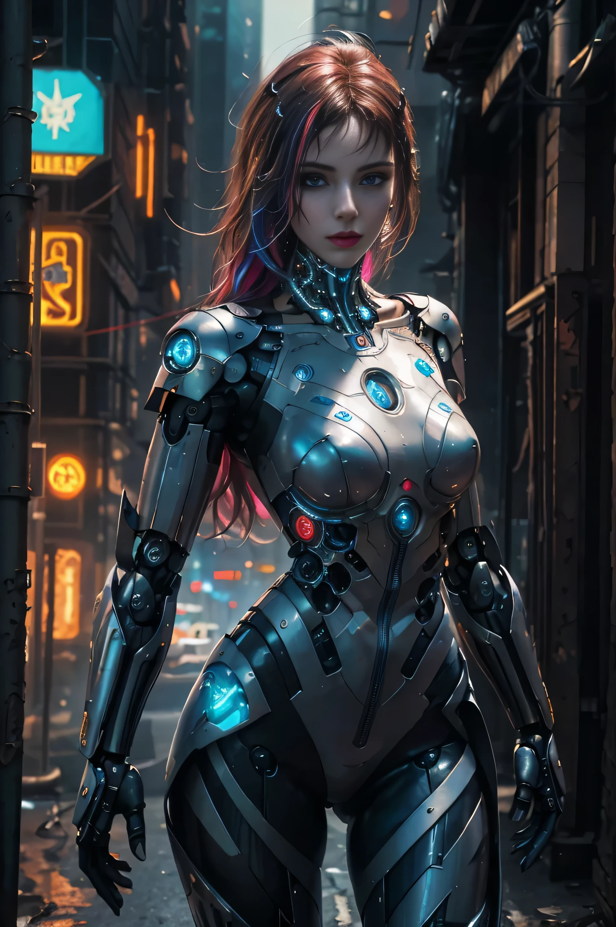 (realistic:1.4) Image of a cyberpunk robot girl, (top quality, 8k, 32K, masterpiece) , (dynamic pose), ((facing the camera)), cowboy shot, sloppy hair, colorful hair, Gorgeous cyberpunk fashion wear, ,Depth of field F/1.3, cyberpunk city background, movie lights.