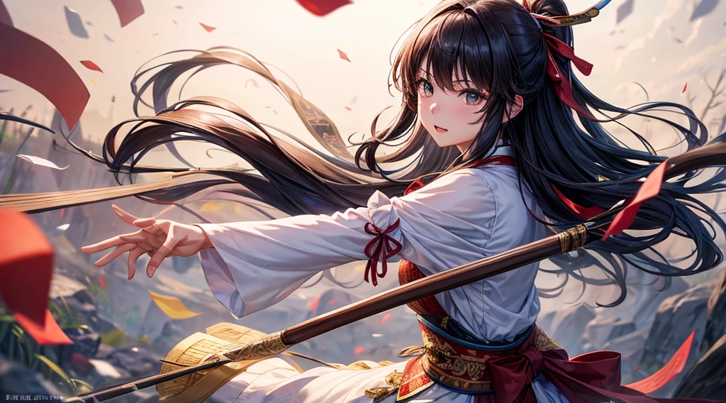 masterpiece, best quality,1girl, red bow, bow, long hair, hair bow, ainu clothes, solo, hairband, black hair, fingerless gloves, short sleeves, gloves, sash, pants, bangs, red hairband, weapon, breasts, brown eyes, white pants, japanese clothes, nakoruru, light smile, officials art, good composition,m, detailed portrait, portrait, bokeh, forest with river, sun behind back, pencil style, traditional brush, samurai, onmyoji style, high resolution, dramatic lighting and shadow, sun flared, blurry foreground, blood plashing around, looking at viewer, hands behind back, hands not in view, face shading, strong lighting, dim light, nostalgia look, dramatic hair, coat