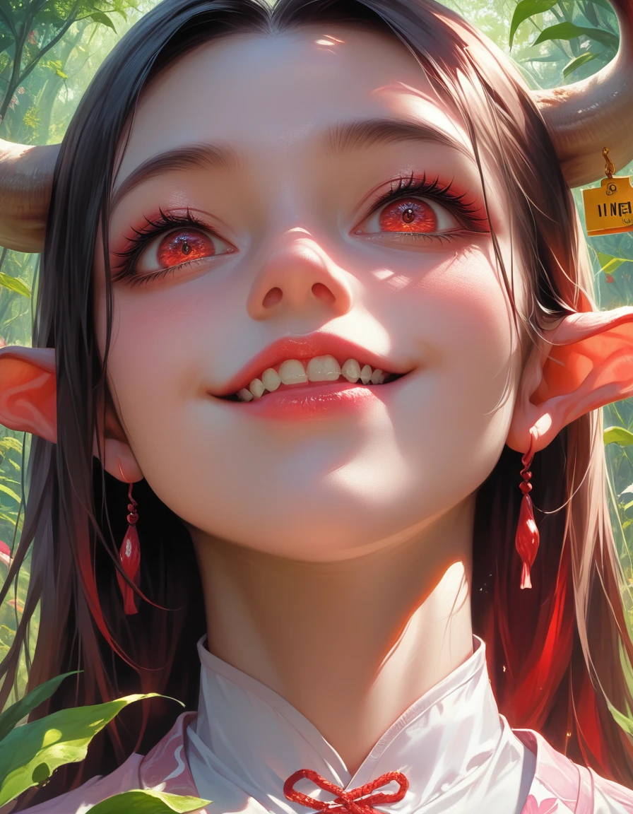 a beautiful young girl with long brown hair, red eyes, and demonic features, wearing a pink and white kimono, standing in a lush forest background, highly detailed, 1girl, extremely detailed face and eyes, beautiful detailed lips, longeyelashes, masterpiece, photorealistic, vibrant colors, cinematic lighting, detailed environment, concept art style, (below shot) and (Cow boy shots), Devilishly smiling 